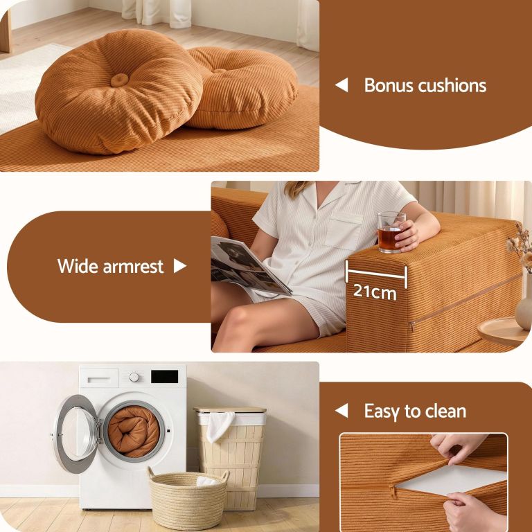 artiss folding sofa bed floor couch 2 in 1 convertible futon loveseat orange Corduroy sofa cover with bonus cushions and wide armrest