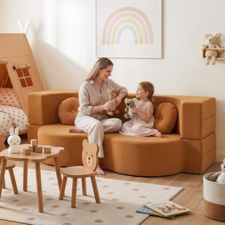 artiss folding sofa bed floor couch 2 in 1 convertible futon loveseat orange Mother and daughter playing on nursery sofa