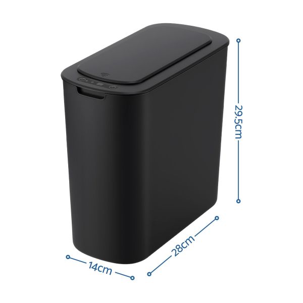 Black automatic sensor rubbish bin with dimensions labelled