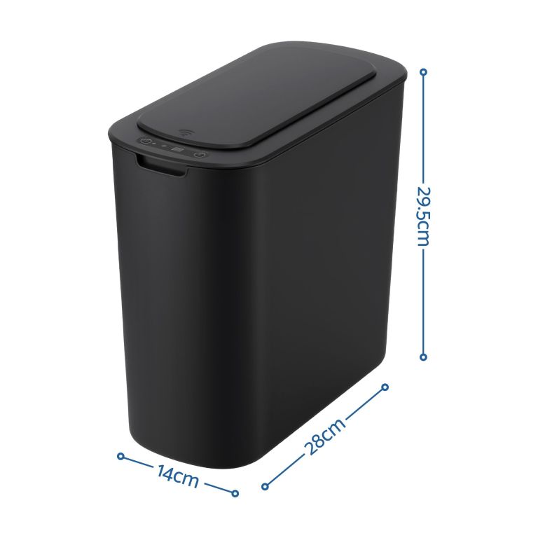 devanti automatic trash bin 2pcs with lid 11l motion sensor kitchen bin touchless garbage can modern black plastic slim rubbish bin with liner holder for kitchen, home, office Black automatic sensor rubbish bin with dimensions labelled