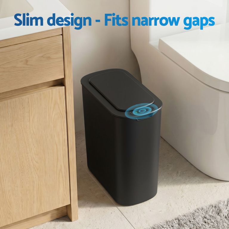devanti automatic trash bin 2pcs with lid 11l motion sensor kitchen bin touchless garbage can modern black plastic slim rubbish bin with liner holder for kitchen, home, office Slim black bin fitting narrow bathroom gap
