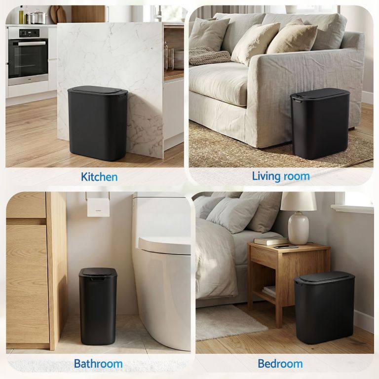 devanti automatic trash bin 2pcs with lid 11l motion sensor kitchen bin touchless garbage can modern black plastic slim rubbish bin with liner holder for kitchen, home, office Black lidded bin in kitchen, living, bathroom, bedroom