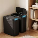 devanti automatic trash bin 2pcs with lid 11l motion sensor kitchen bin touchless garbage can modern black plastic slim rubbish bin with liner holder for kitchen, home, office Black smart sensor rubbish bins in modern home