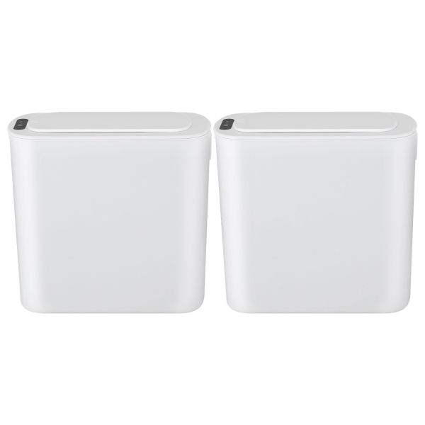 Two white smart rubbish bins with lids