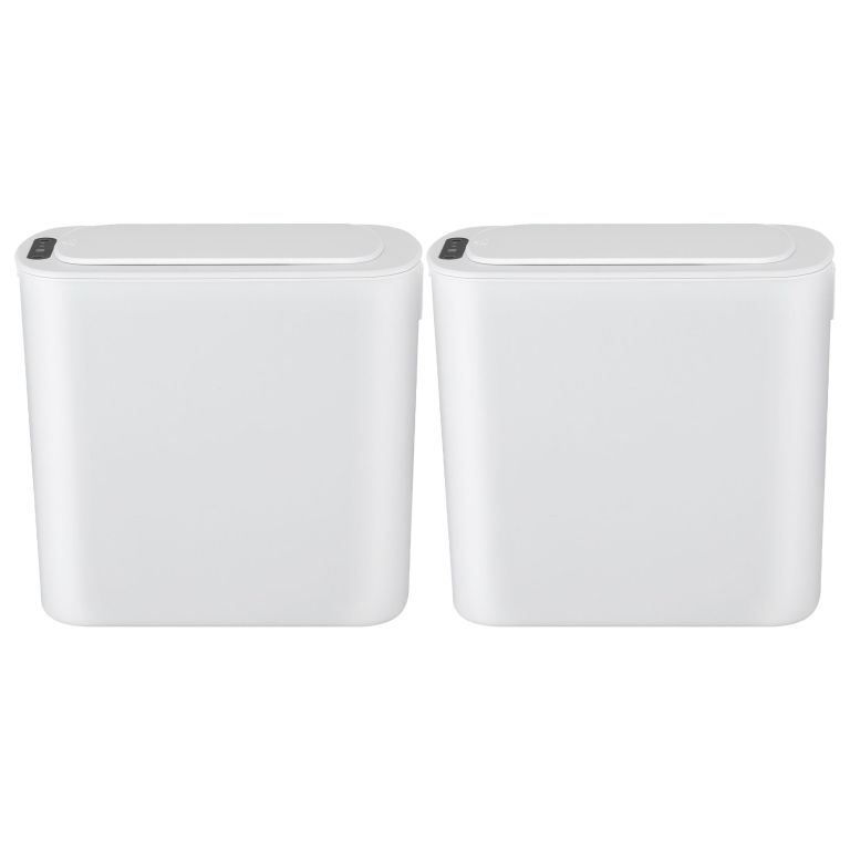 Two white smart rubbish bins with lids