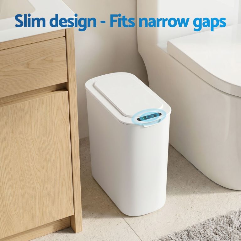 Slim white bathroom bin fits narrow gap