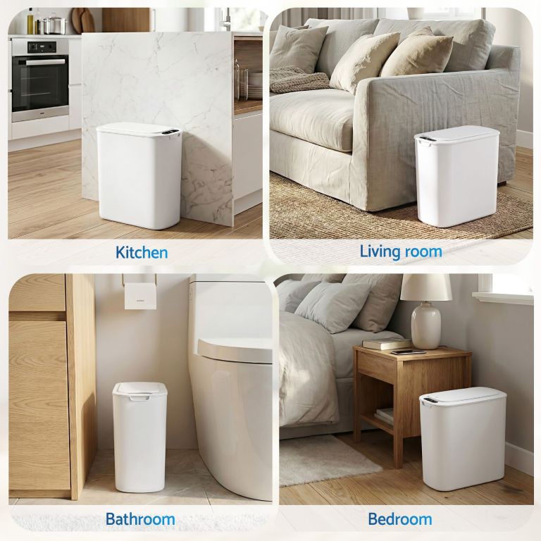 White smart rubbish bin in multiple rooms