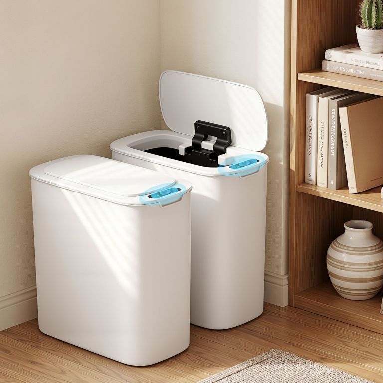 Smart sensor rubbish bins beside wooden bookshelf