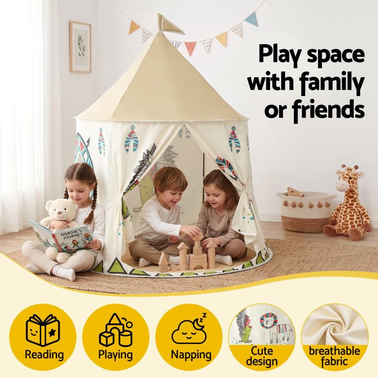 keezi kids play tent playhouse castle with window flag carry bag 115cmx115cm Children playing inside indoor teepee tent