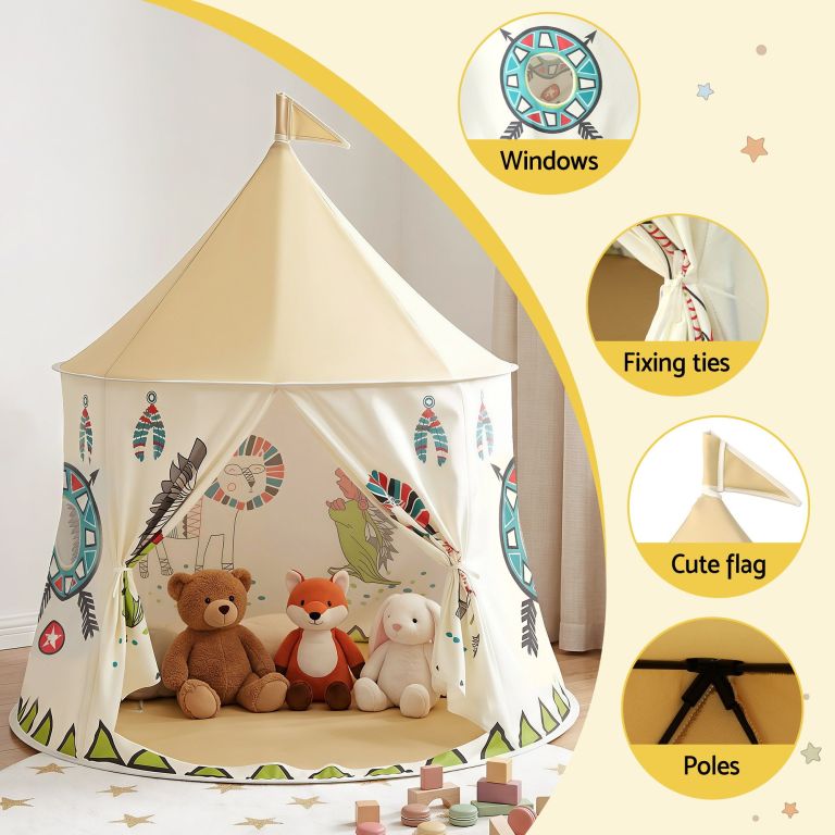 keezi kids play tent playhouse castle with window flag carry bag 115cmx115cm Children’s teepee play tent with plush toys