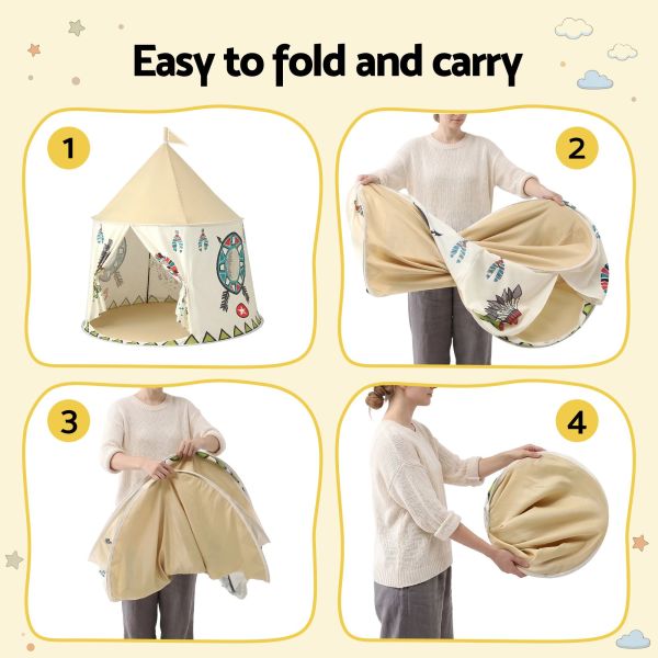 keezi kids play tent playhouse castle with window flag carry bag 115cmx115cm Foldable children's teepee tent folding steps