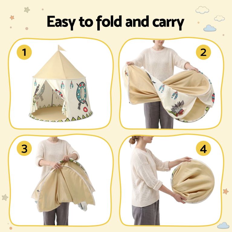 keezi kids play tent playhouse castle with window flag carry bag 115cmx115cm Foldable children's teepee tent folding steps