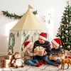 keezi kids play tent playhouse castle with window flag carry bag 115cmx115cm Father and children opening Christmas presents indoors