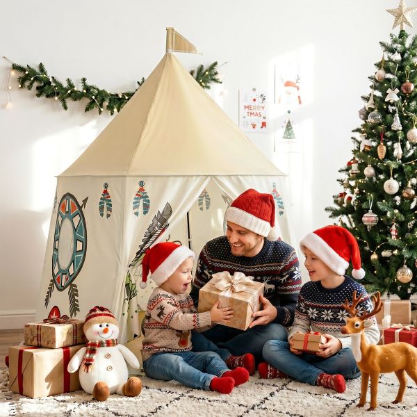 keezi kids play tent playhouse castle with window flag carry bag 115cmx115cm Father and children opening Christmas presents indoors