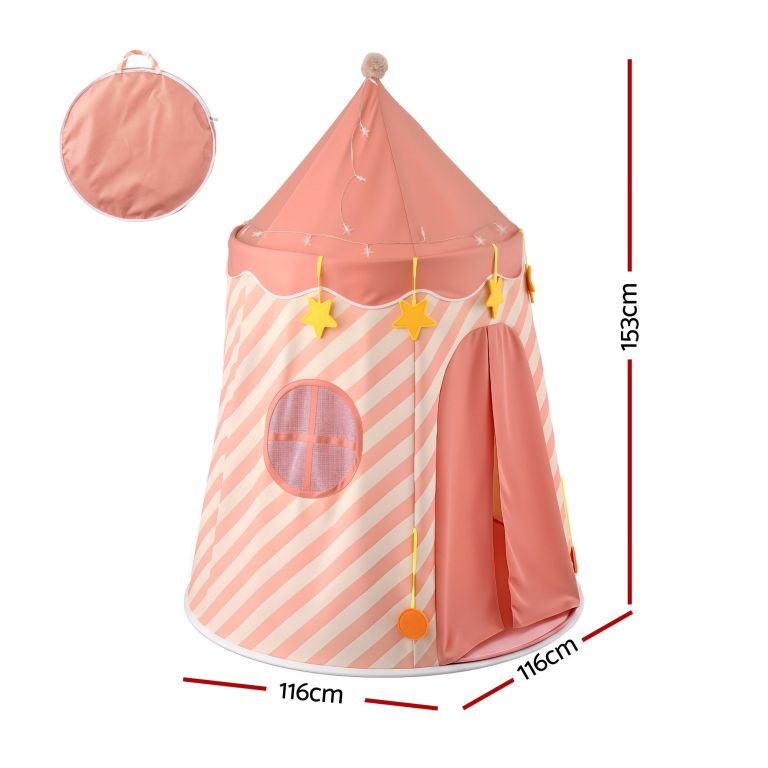 keezi kids play tent with star lights and window carry bag 116cmx153cm playhouse Pink striped kids play tent with star decorations
