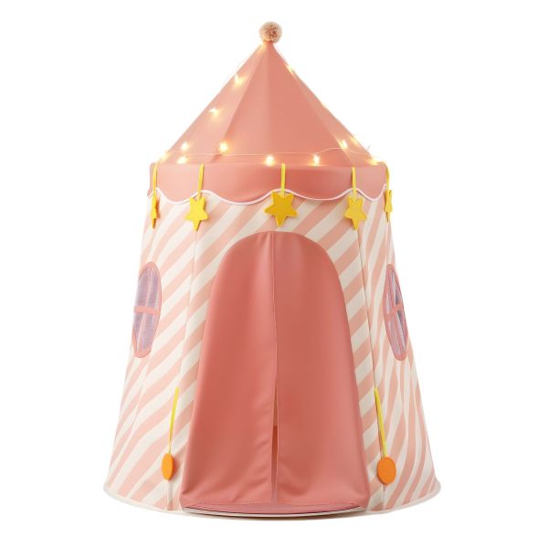 Pink striped children’s play tent with star lights