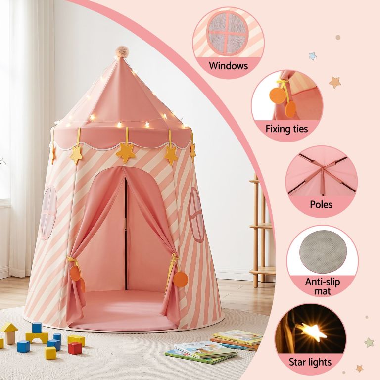 keezi kids play tent with star lights and window carry bag 116cmx153cm playhouse Pink striped kids play tent with star lights