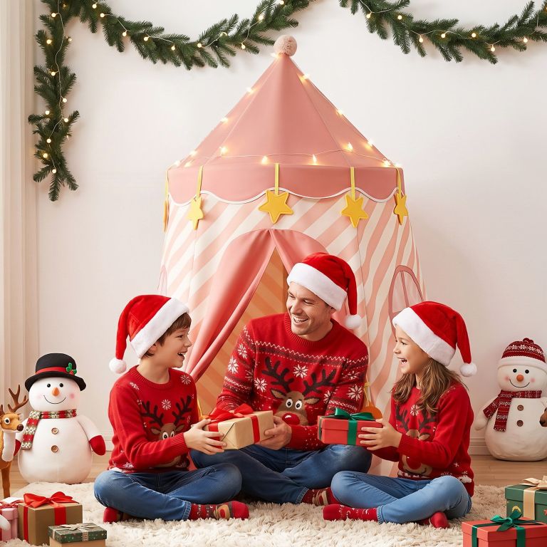 keezi kids play tent with star lights and window carry bag 116cmx153cm playhouse Father and children exchanging Christmas gifts indoors