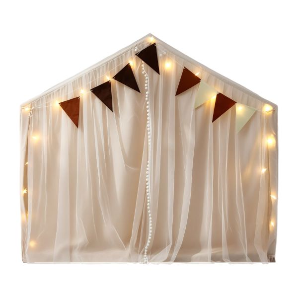Sheer play tent with bunting and fairy lights