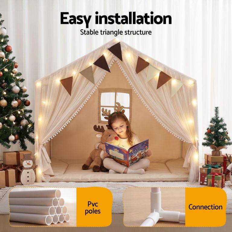 keezi kids play tent with star lights windows flag 144cmx95cm playhouse Child reading in festive indoor play tent