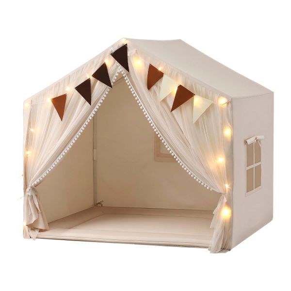Children's play tent with fairy lights and bunting