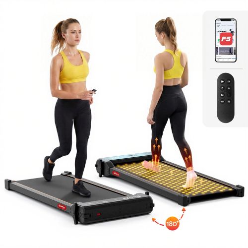 Woman walking on foldable LED treadmill at home