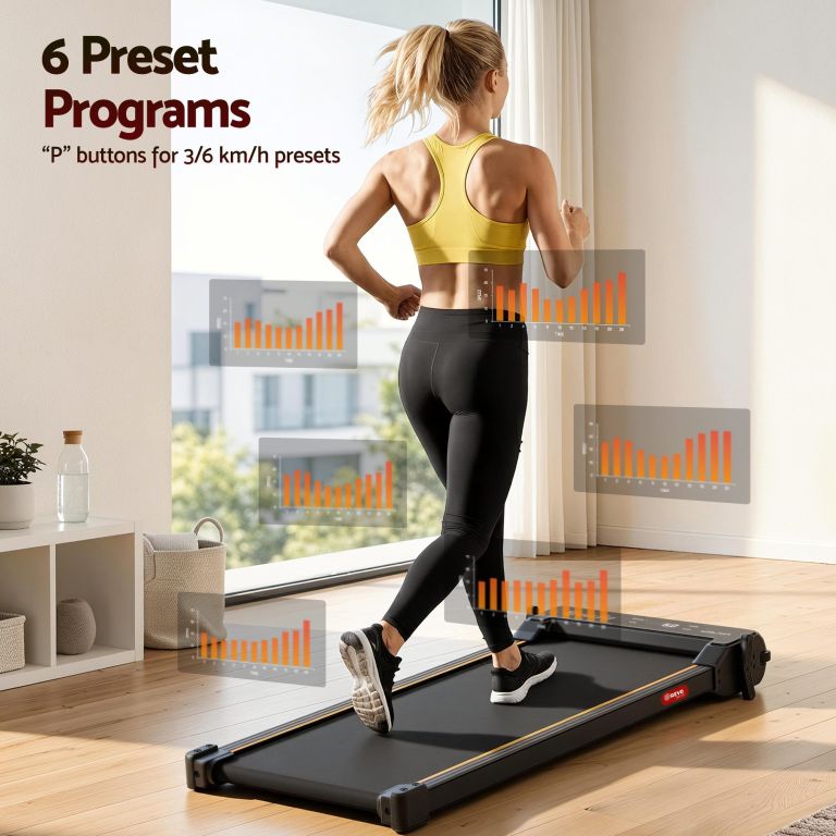 Woman using treadmill with preset workout programs display