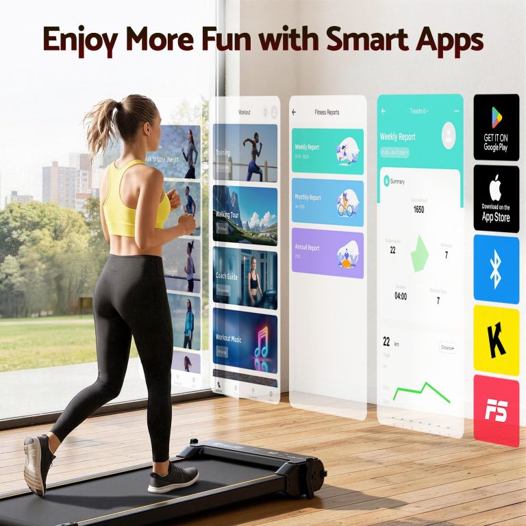 Woman using treadmill with smart fitness apps