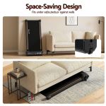 Foldable treadmill stored under sofa and upright