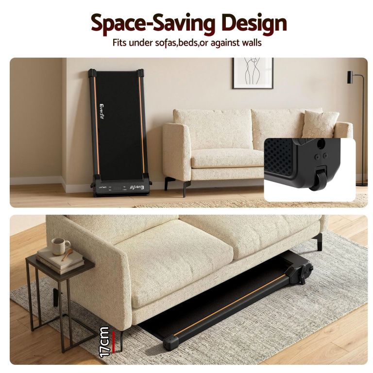 Foldable treadmill stored under sofa and upright