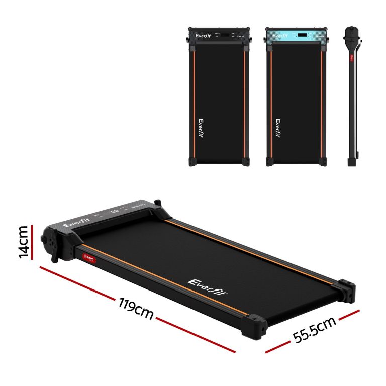 Slim Everfit under-desk treadmill with dimensions displayed