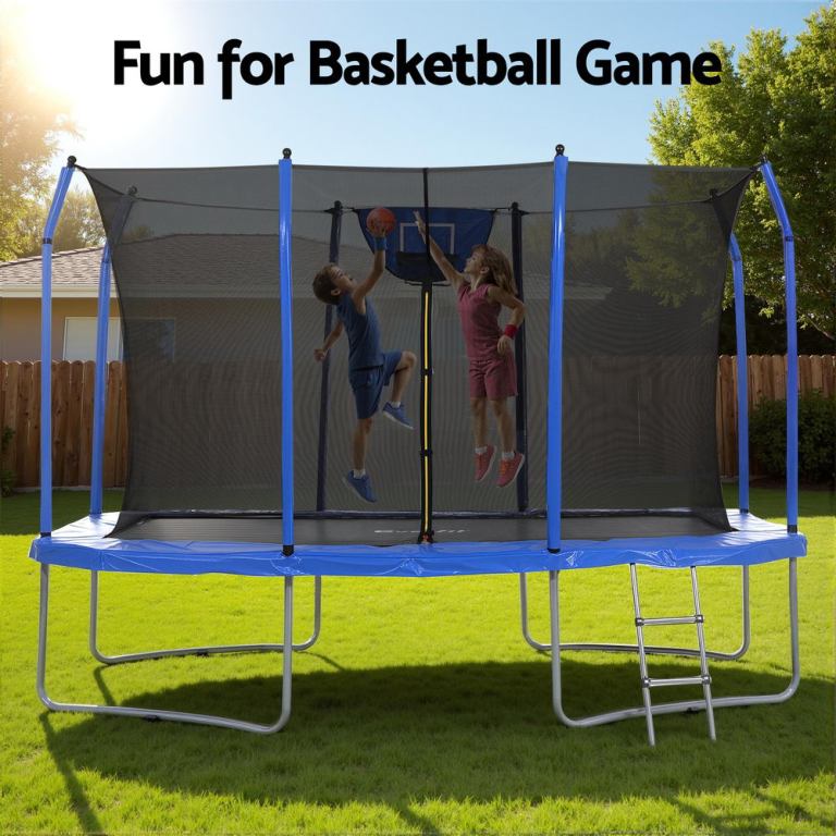 Kids playing basketball on backyard trampoline