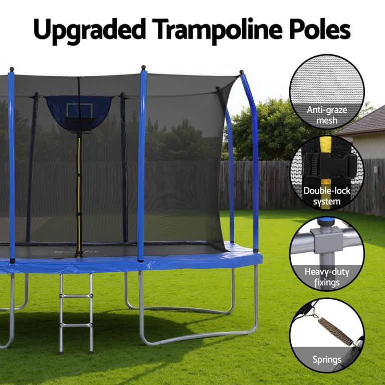 Backyard trampoline with safety net and upgraded poles