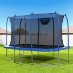 Backyard trampoline with safety net and hoop