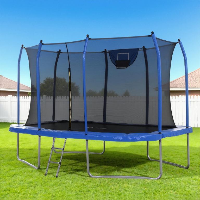 Backyard trampoline with safety net and hoop