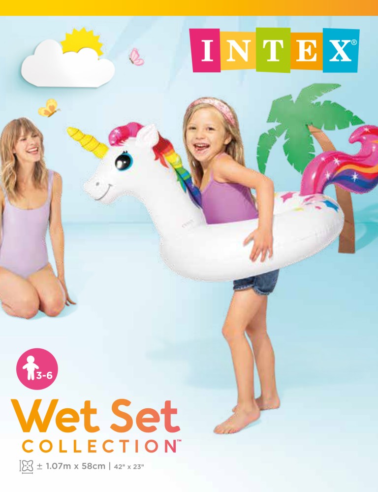 intex big animal rings 58221 Child with inflatable unicorn swim ring