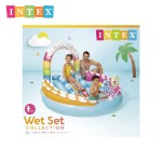 Family enjoying Intex inflatable rainbow kids pool