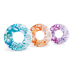 Three tropical patterned inflatable swim rings