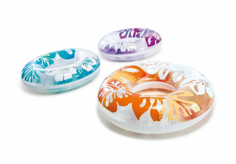 Three tropical patterned inflatable swim rings
