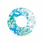 Blue tropical inflatable swim ring on white background