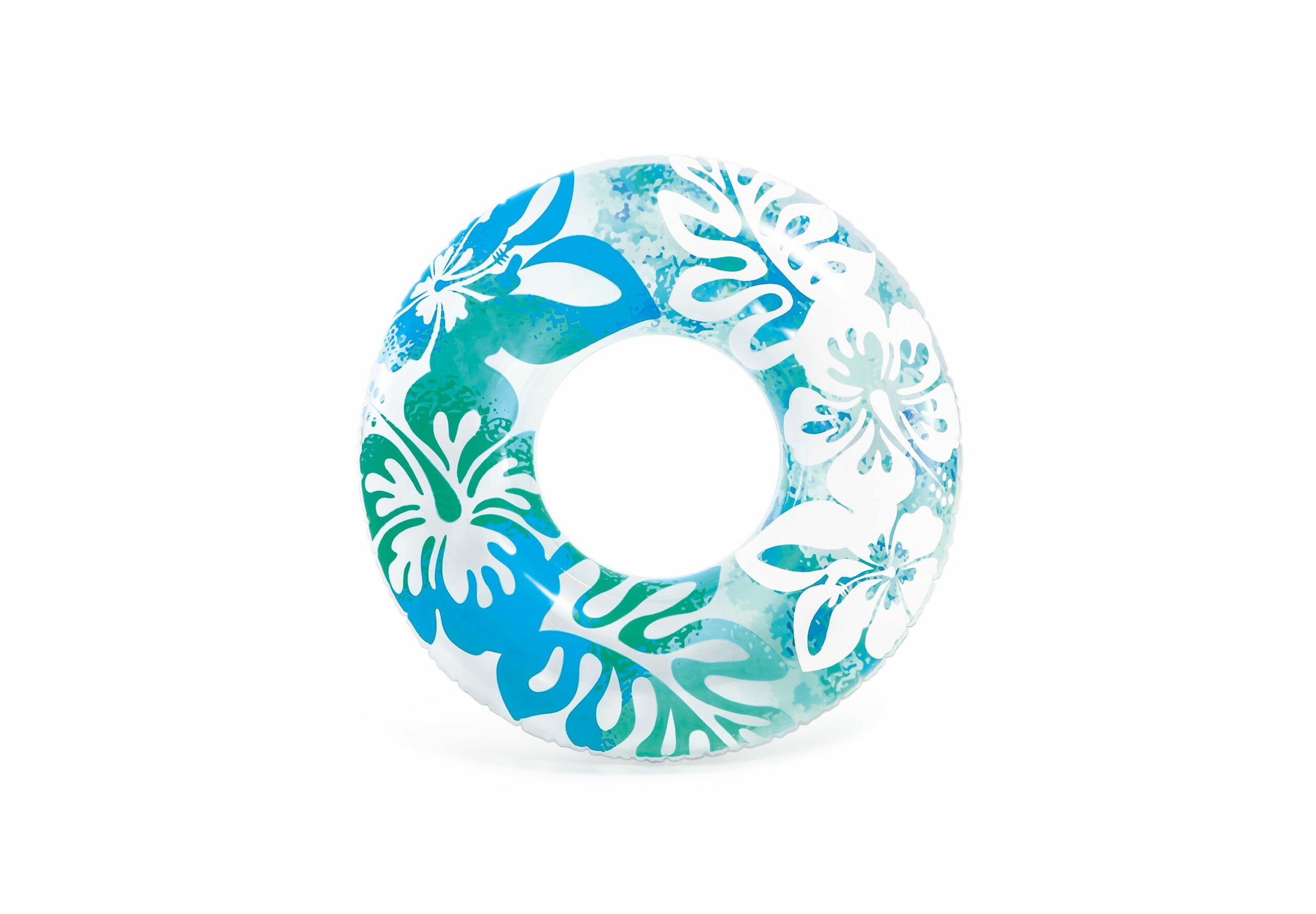 Blue tropical inflatable swim ring on white background