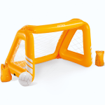 Orange inflatable pool soccer goal with ball