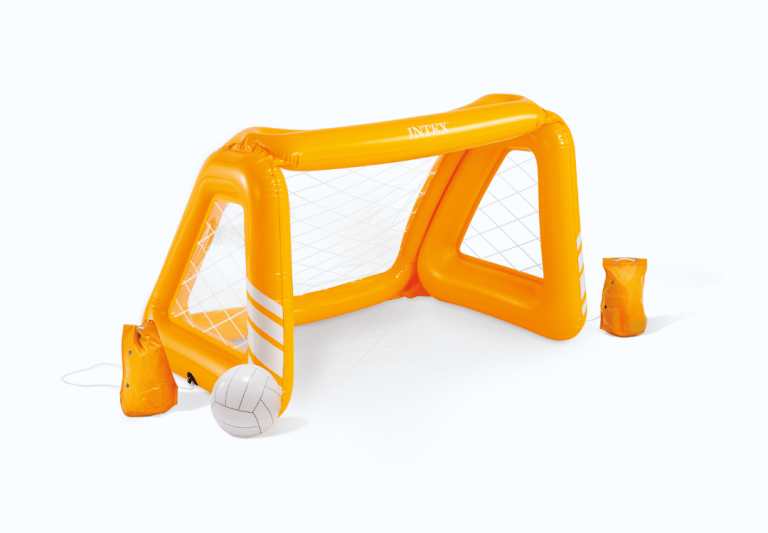 Orange inflatable pool soccer goal with ball