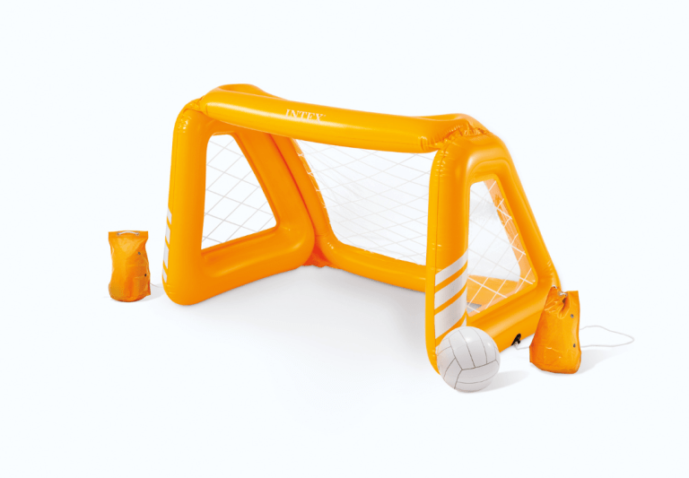 Inflatable orange pool volleyball goal with ball