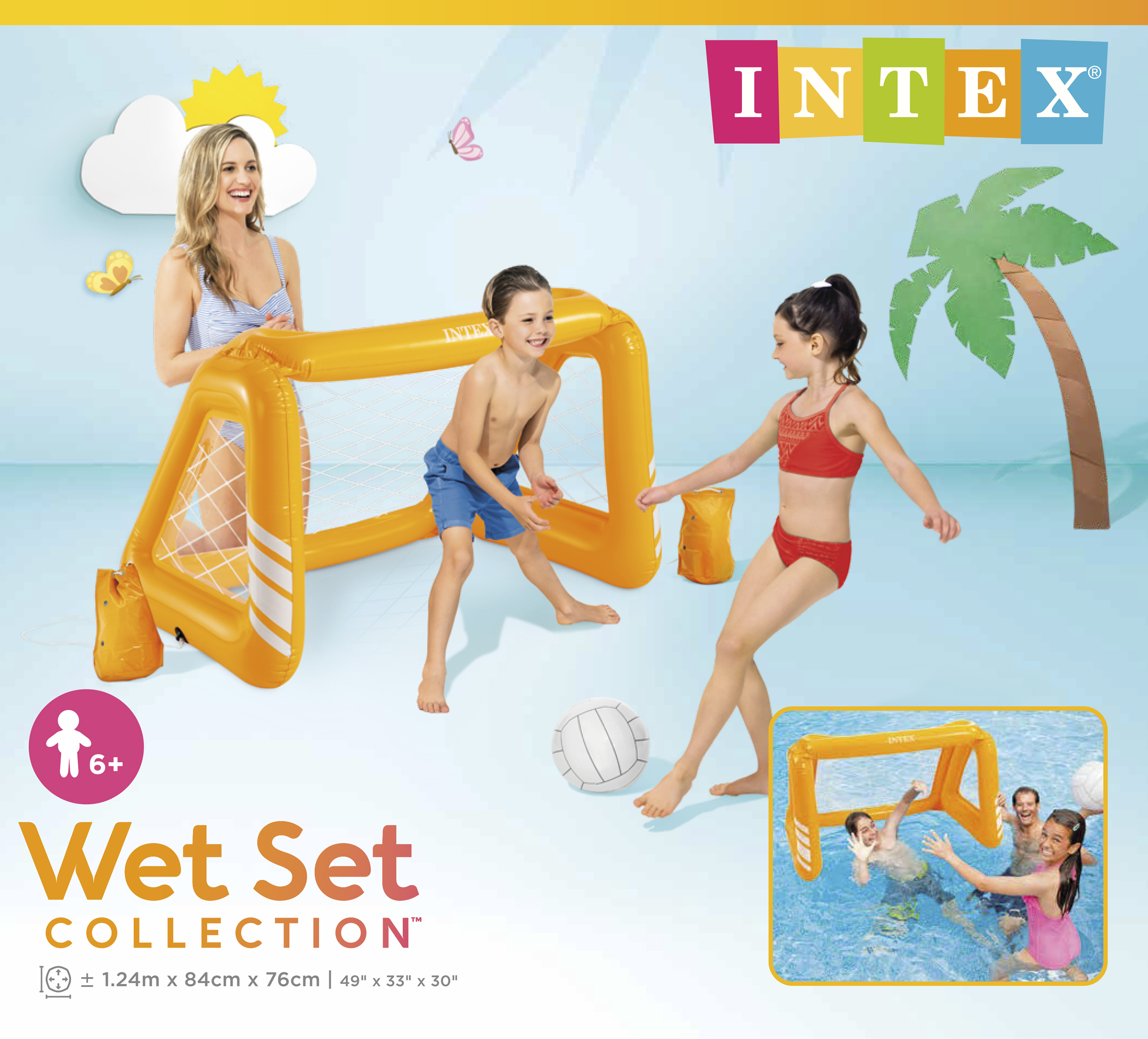 Kids playing with inflatable pool volleyball set