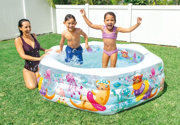 intex deluxe happy otter pool 1191cm x 178cm x x61cm 56493 Family splashing in backyard inflatable pool