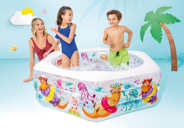 intex deluxe happy otter pool 1191cm x 178cm x x61cm 56493 Children splashing in colourful inflatable backyard pool