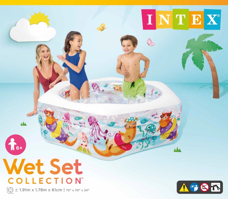 Kids playing in colourful inflatable backyard pool