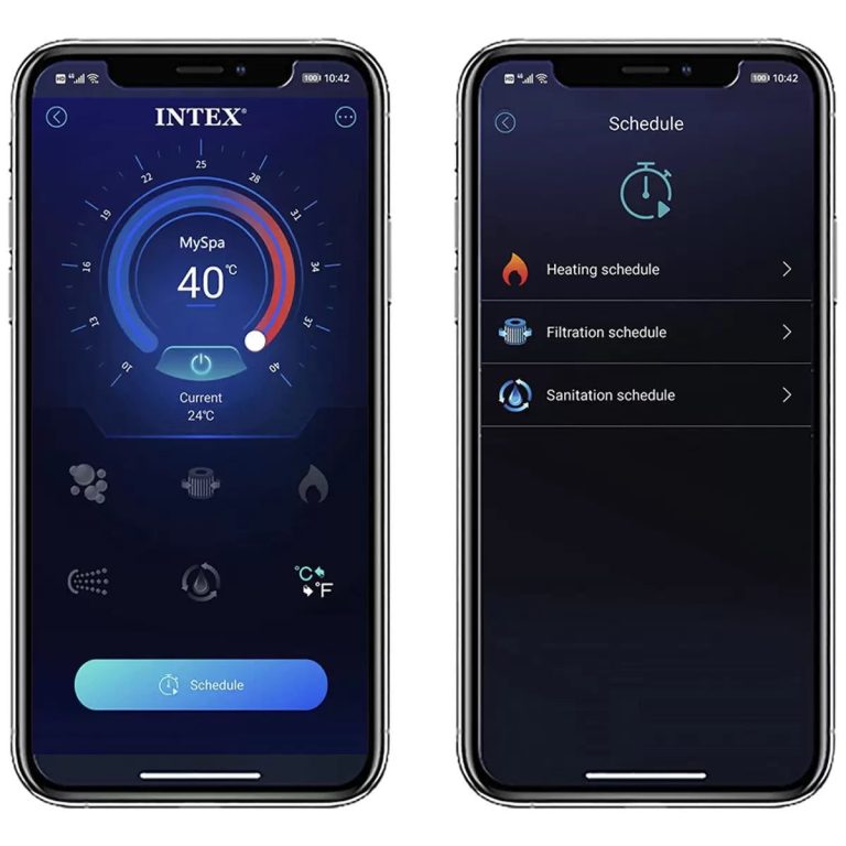Intex MySpa app temperature and schedule screens