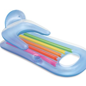 Blue inflatable pool lounge with rainbow stripes